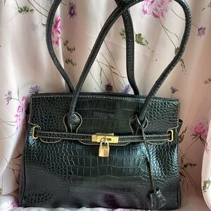Elegant Black Crocodile-Embossed Handbag